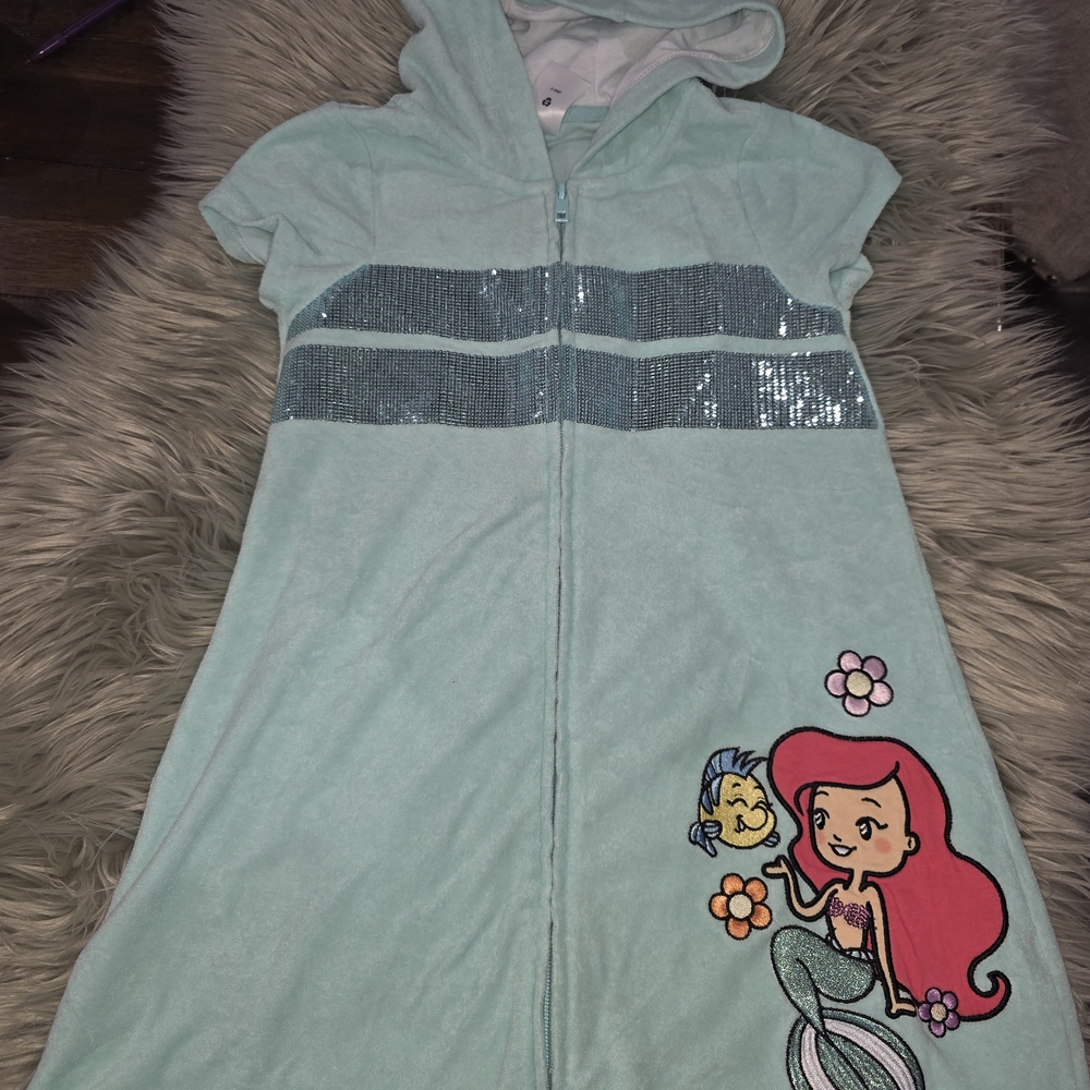 Disney Ariel Hooded Girl Dress Cover-up With Zip-Up with Sequins Size 9/10
